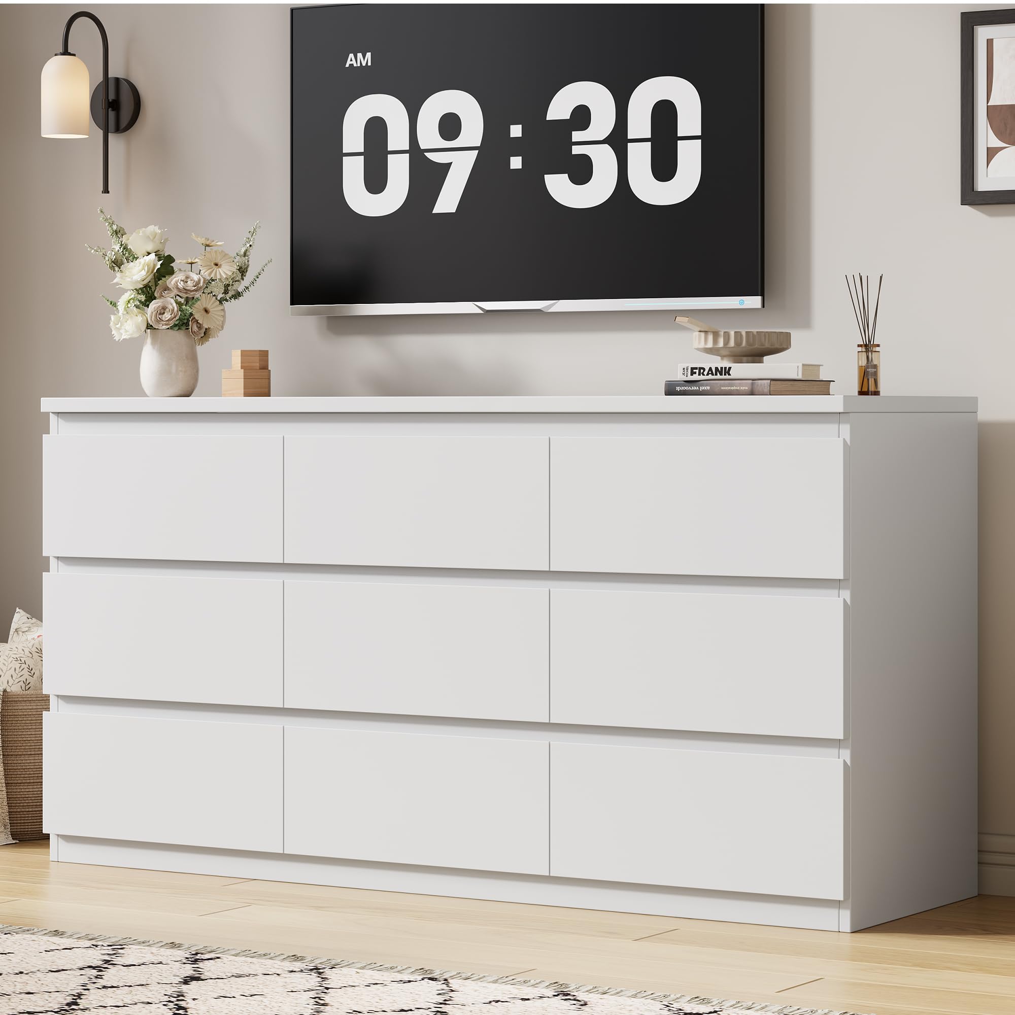 9 drawer white dresser Chvans Drawers with Charging Station, 63 inch Long Modern Dresser with 9 Drawers for Bedroom, Large Wood Chest of Drawers Handle Free keeping you and your family safer FUFU&GAGA Modern White 9-Drawer Dresser