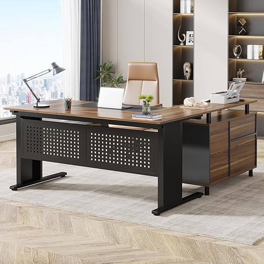 63 Inch L-Shaped Executive Desk with File Cabinet