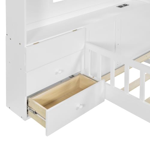 Kids Floor House Bed with Fences and Drawers, Full Size Platform Bed with Storage Headboard, Shelves, Sockets & USB for Kids (White)