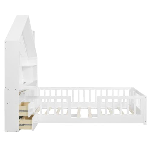 Kids Floor House Bed with Fences and Drawers, Full Size Platform Bed with Storage Headboard, Shelves, Sockets & USB for Kids (White)
