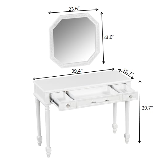 Retro Makeup Vanity Desk with Wall-Mounted Mirror & 3 Drawers