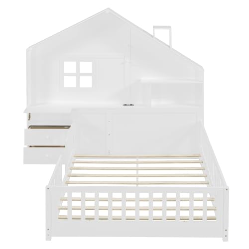 Kids Floor House Bed with Fences and Drawers, Full Size Platform Bed with Storage Headboard, Shelves, Sockets & USB for Kids (White)