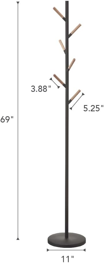 Freestanding Coat Rack with Wooden Hooks and Weighted Base - 70 Inch