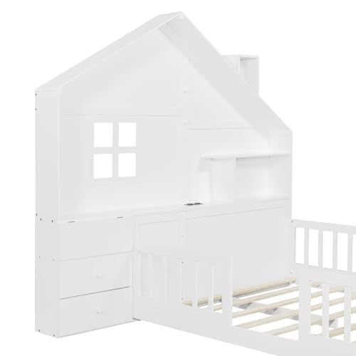 Kids Floor House Bed with Fences and Drawers, Full Size Platform Bed with Storage Headboard, Shelves, Sockets & USB for Kids (White)