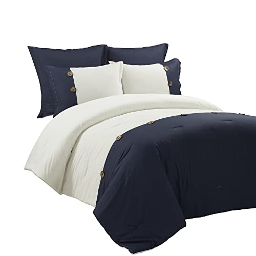 Linen Button Farmhouse 5 Piece Comforter Set Full Queen Navy
