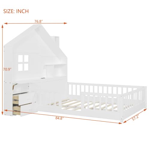 Kids Floor House Bed with Fences and Drawers, Full Size Platform Bed with Storage Headboard, Shelves, Sockets & USB for Kids (White)