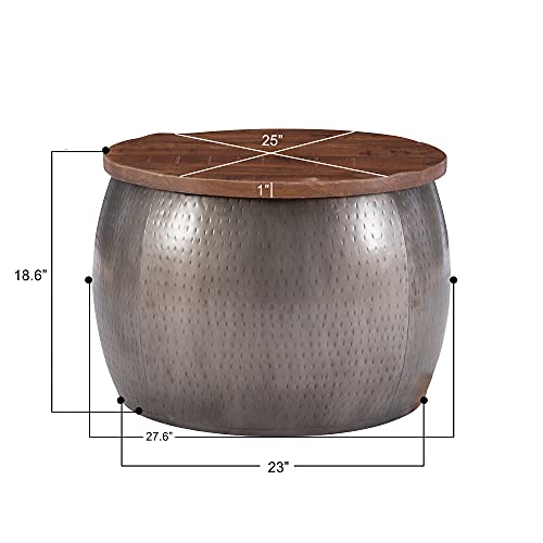 Hammered Silver Drum Table with Natural Wood Lift Top