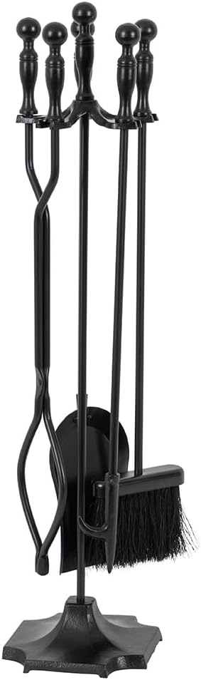 5-Piece Fireplace Tool Set with Stand - Aged Brass Finish