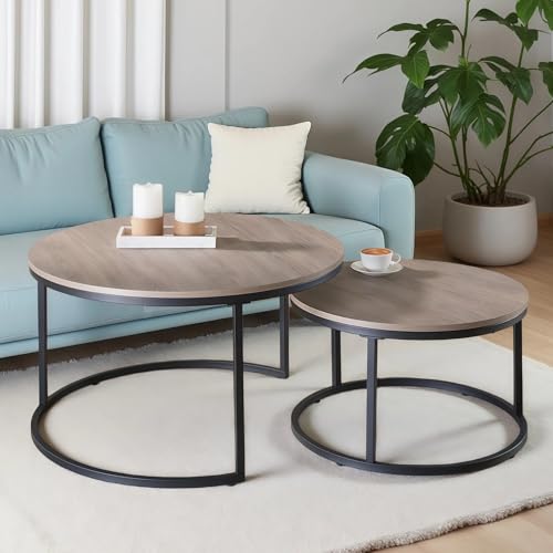 Round Nesting Coffee Table Set of 2 - Grey Wash Oak Wood & Metal Frame