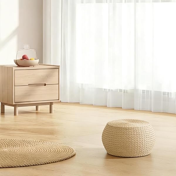 Handwoven Straw Round Pouf Ottoman