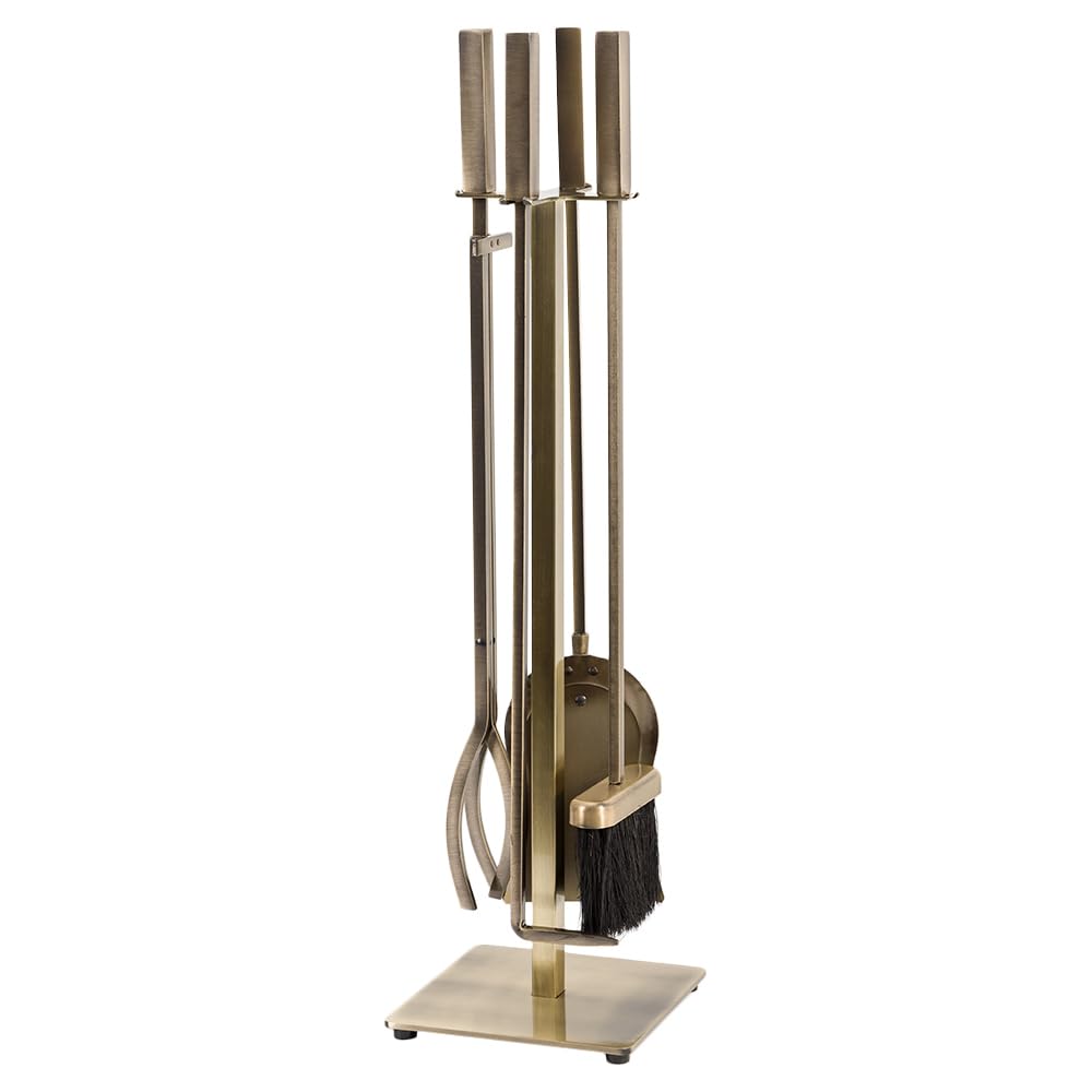 5-Piece Fireplace Tool Set with Stand - Aged Brass Finish