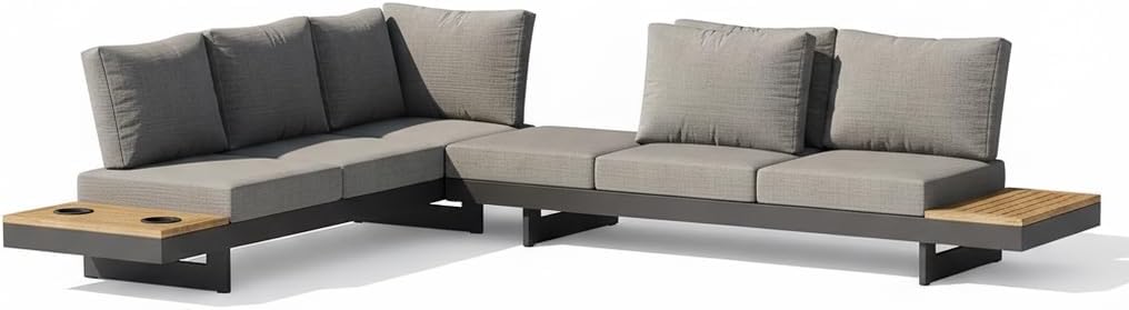 6 Piece Aluminum Teak Patio Sectional Sofa Set with Adjustable Backrests