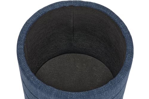 Round Ottoman with Storage - Dark Blue Linen Upholstered Footrest