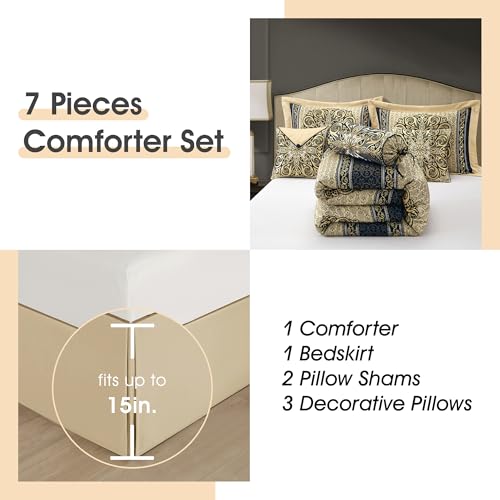 California King Comforter Set Navy Medallion Jacquard 7 Piece