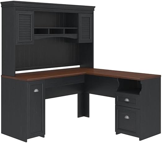 60W L-Shaped Desk with Hutch - Gray and White Engineered Wood