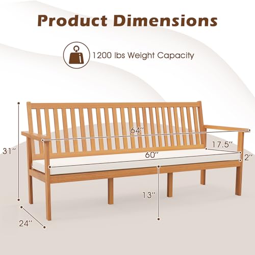 3-Person Acacia Wood Outdoor Bench with Cushion