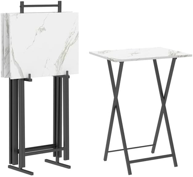 Folding TV Tray Tables Set of 4 with Storage Rack