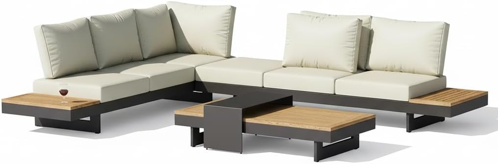 6 Piece Aluminum Teak Patio Sectional Sofa Set with Adjustable Backrests