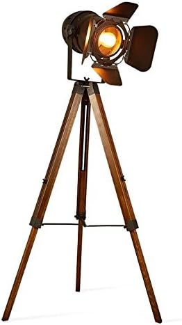 Industrial Tripod Floor Lamp Vintage Wood Cinema Searchlight