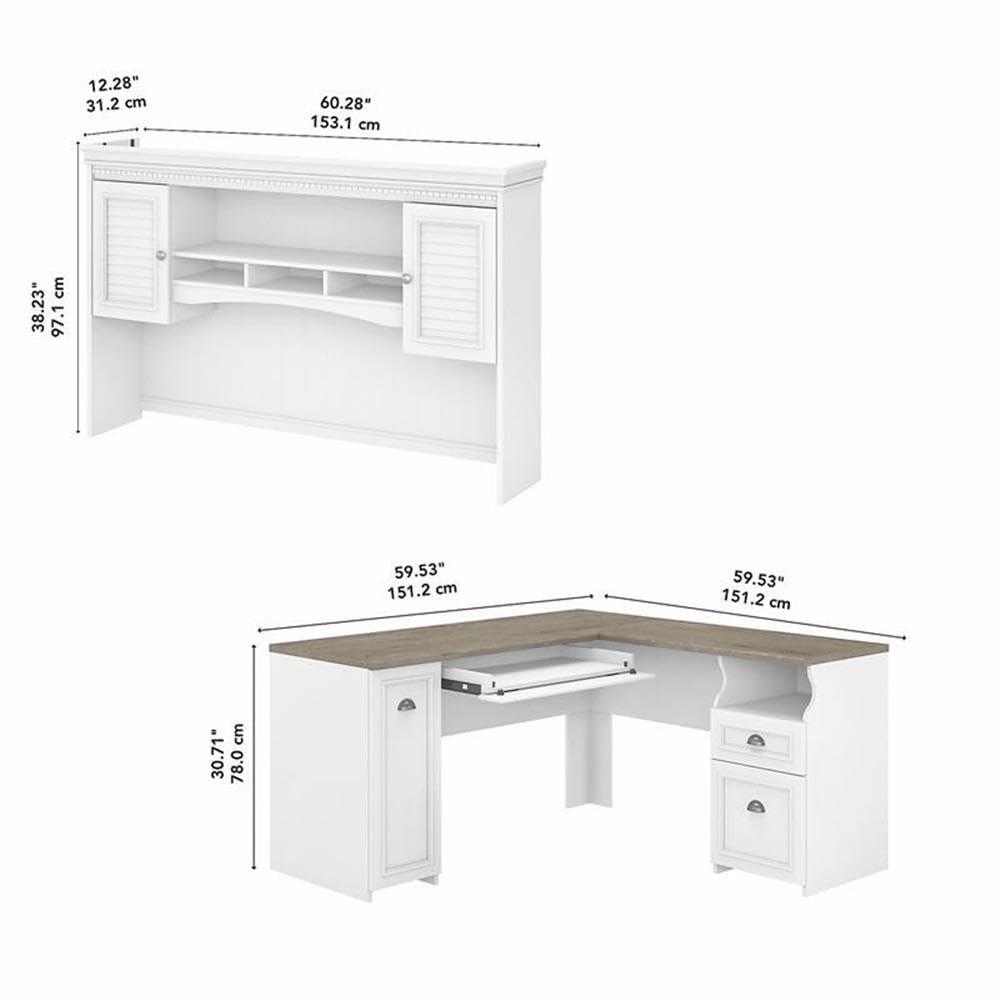 60W L-Shaped Desk with Hutch - Gray and White Engineered Wood