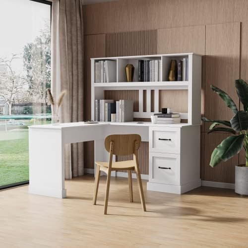 L-Shaped Corner Desk with Hutch and File Cabinet
