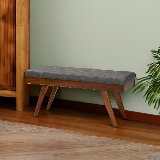 Mid-Century Modern Dining Bench - Grey Fabric Upholstered Wood