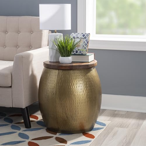 Brass Drum Side Table with Wood Top and Storage
