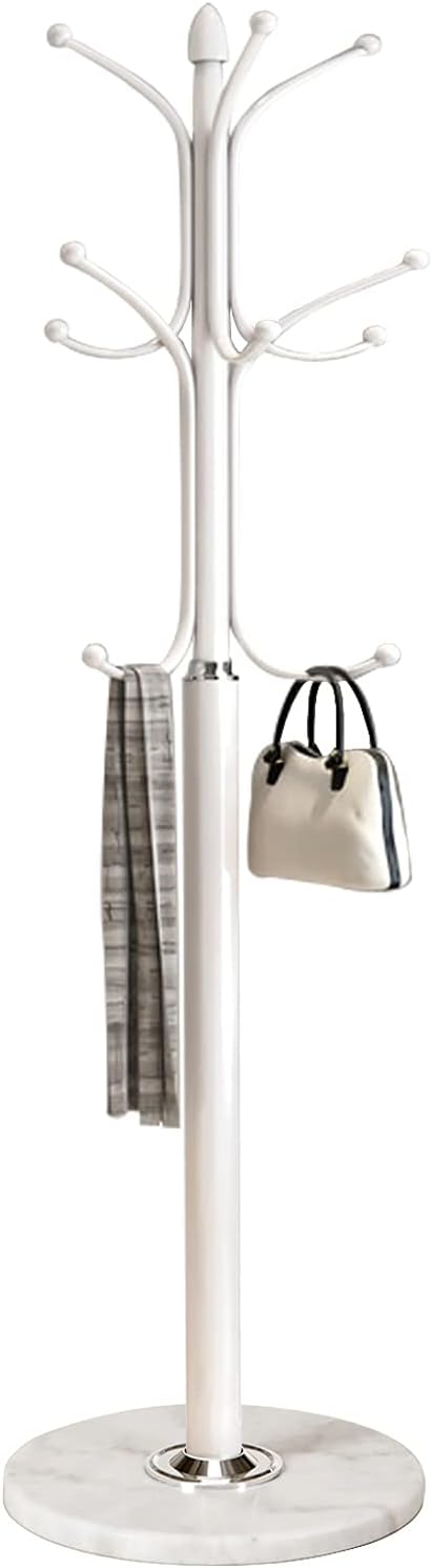 Metal Coat Rack Stand with Marble Base and 12 Hooks