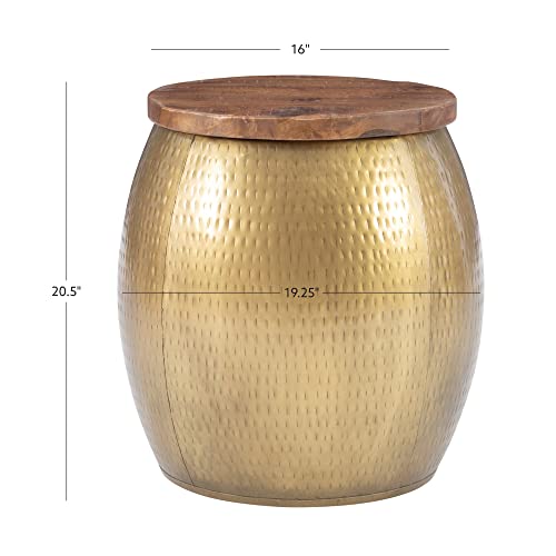 Brass Drum Side Table with Wood Top and Storage