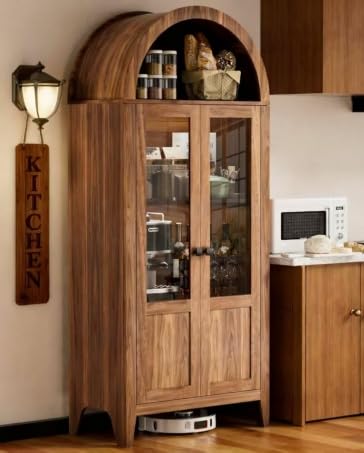 70" Arched Kitchen Pantry Cabinet with Glass Doors