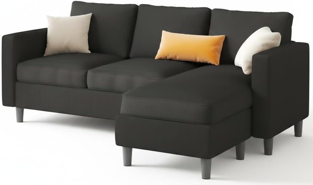 3-Seat Convertible L-Shaped Sectional Sofa with Reversible Ottoman