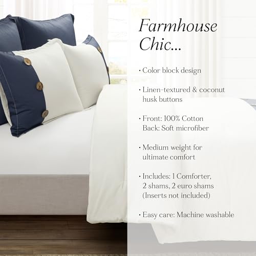 Linen Button Farmhouse 5 Piece Comforter Set Full Queen Navy