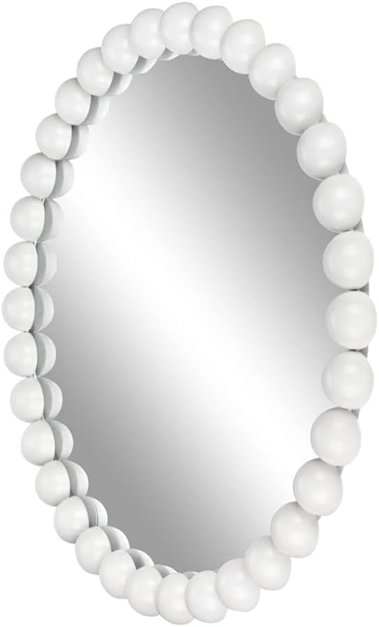 24" White Beaded Round Wall Mirror
