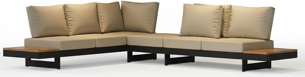 6 Piece Aluminum Teak Patio Sectional Sofa Set with Adjustable Backrests