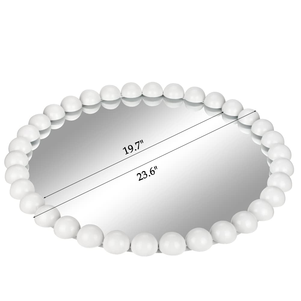 24" White Beaded Round Wall Mirror