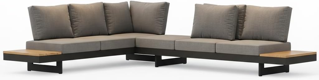 6 Piece Aluminum Teak Patio Sectional Sofa Set with Adjustable Backrests