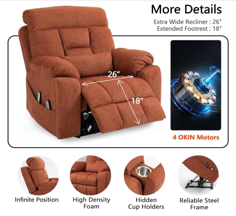 Extra Large Lay Flat Lift Recliner with Massage
