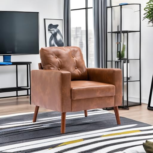 HNY Mid Century Modern Armchair, Button Tufted Faux Leather Accent Chair with Armrests, Upholstered Club Chair for Living Room, Bedroom & Office, Caramel Brown