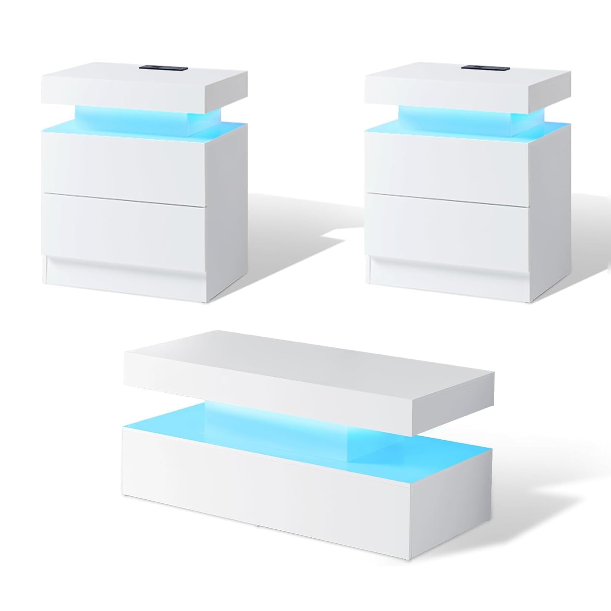 High Gloss LED Coffee Table Set with 2 End Tables and Charging Station
