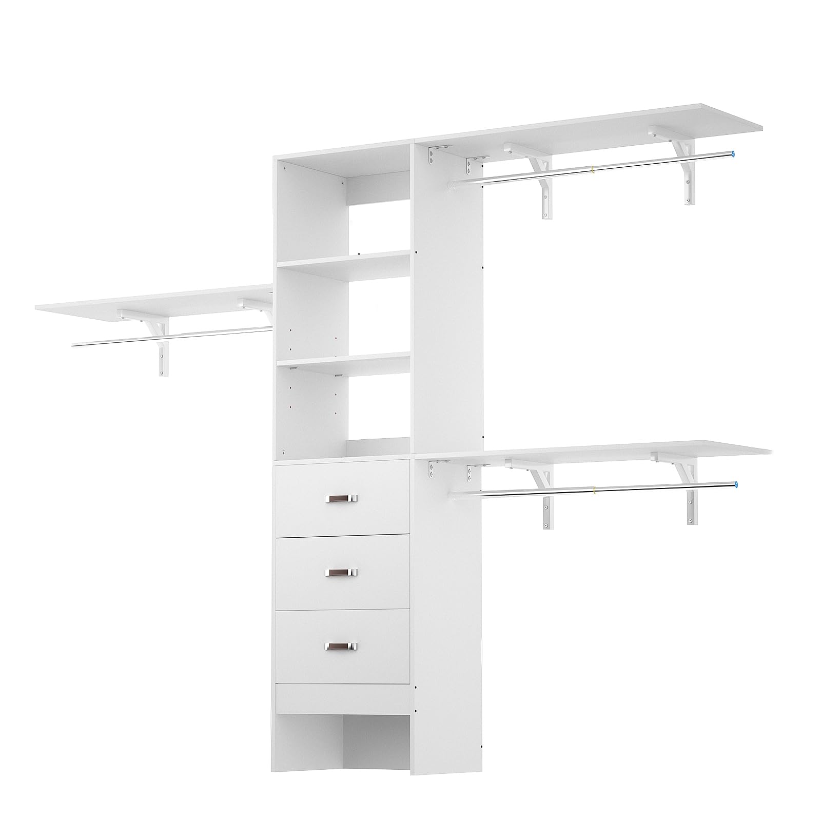 8FT Wall Mount Closet Organizer System with 3 Hanging Rods and Drawers
