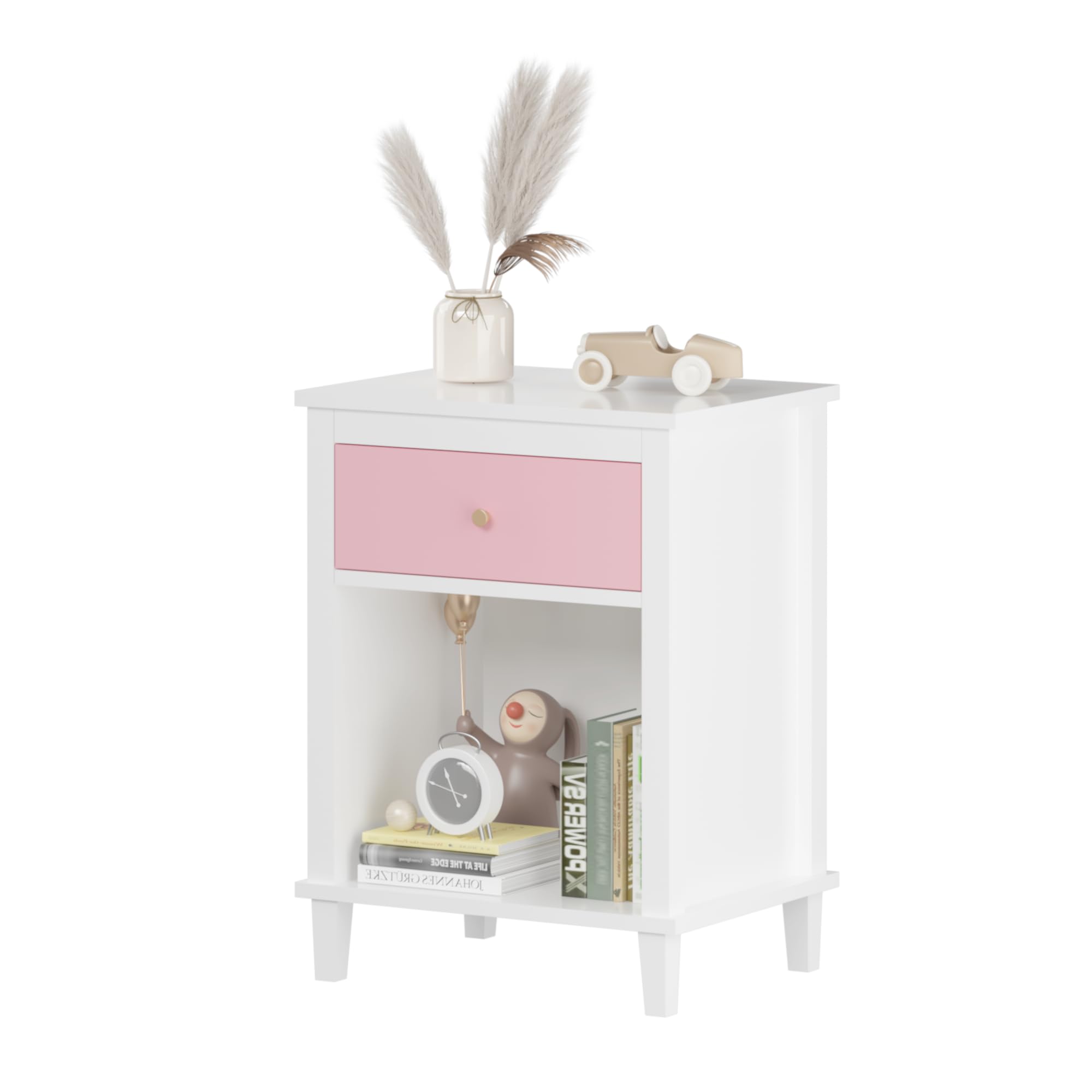 Wooden Nightstand with Drawer and Open Storage Shelf