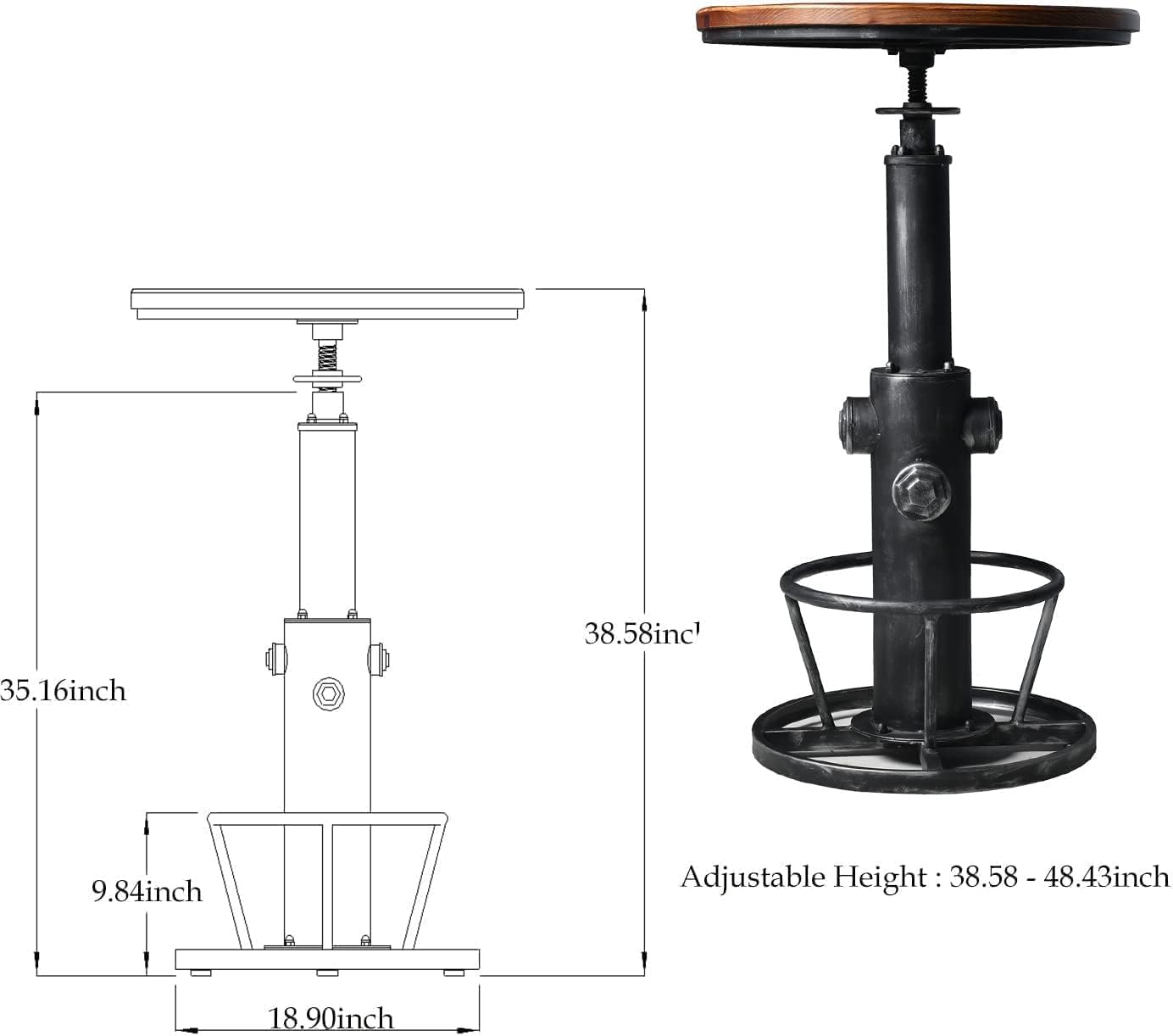 3-Piece Adjustable Height Bar Table Set with Backrest Stools