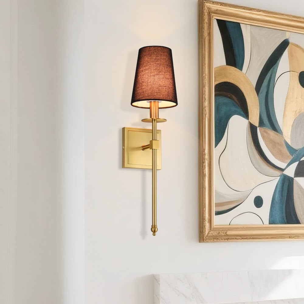 Hardwired Brushed Brass Wall Sconces Set of 2 with Black Fabric Shade