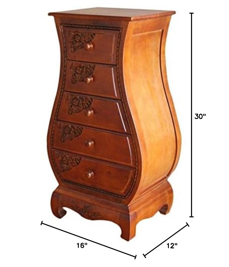 5-Drawer Wood Bombe Chest in Walnut Stain