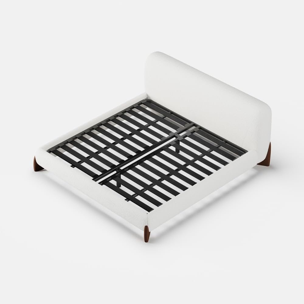 Modern Bedroom Furniture Set - White Boucle Queen Platform Bed with Bench