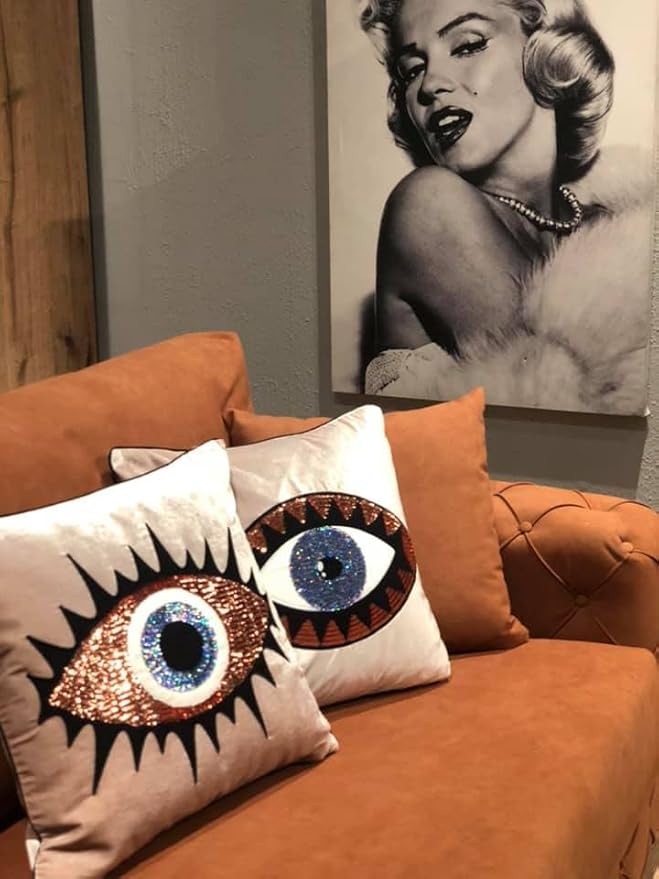 Evil Eye Throw Pillow Covers - Midnight Blue Velvet Cushion Set
