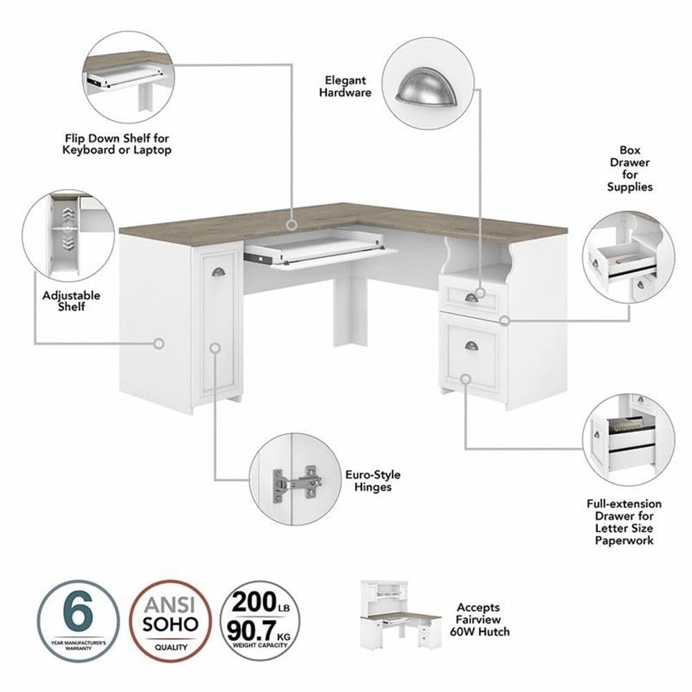 60W L-Shaped Desk with Hutch - Gray and White Engineered Wood