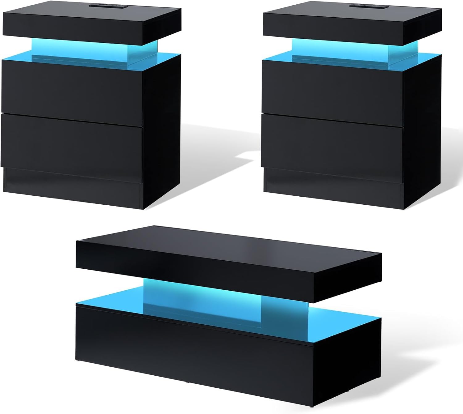 3-Piece High Gloss Living Room Table Set with LED Coffee Table