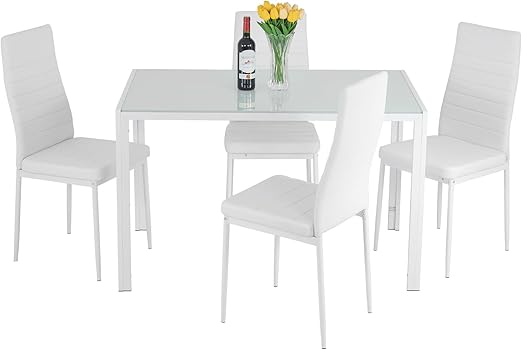 5-Piece Glass Dining Table Set with Metal Frame Chairs