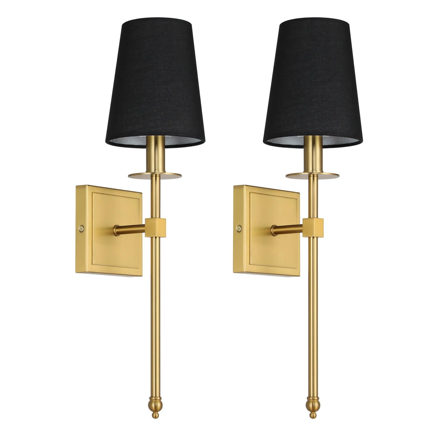 Hardwired Brushed Brass Wall Sconces Set of 2 with Black Fabric Shade